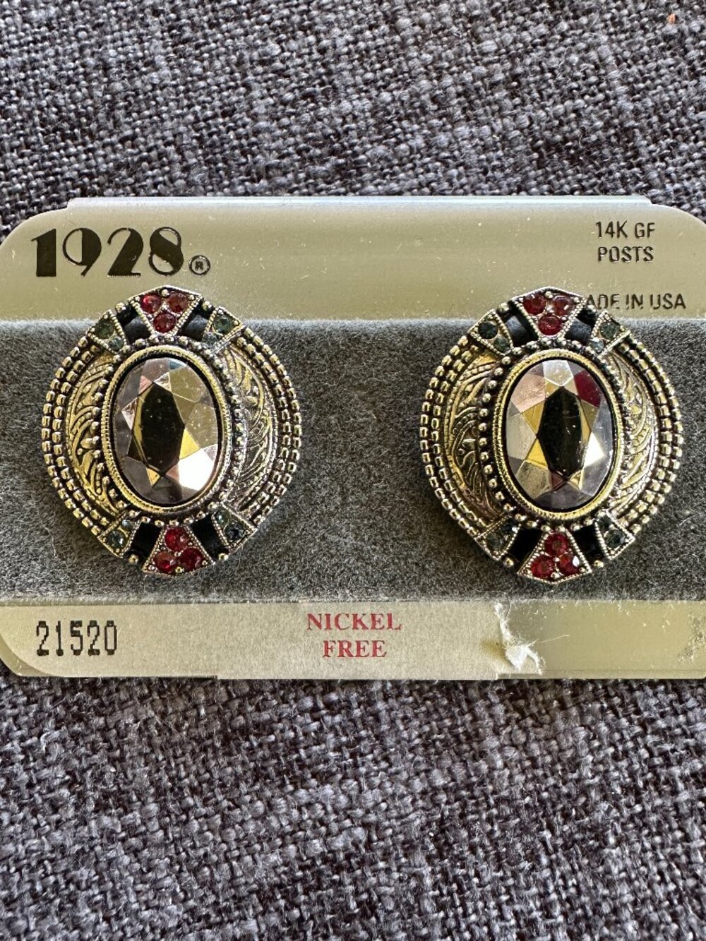 1928 Art Deco Style Studs Garnet & Black Nickel Free, 14K GF Posts